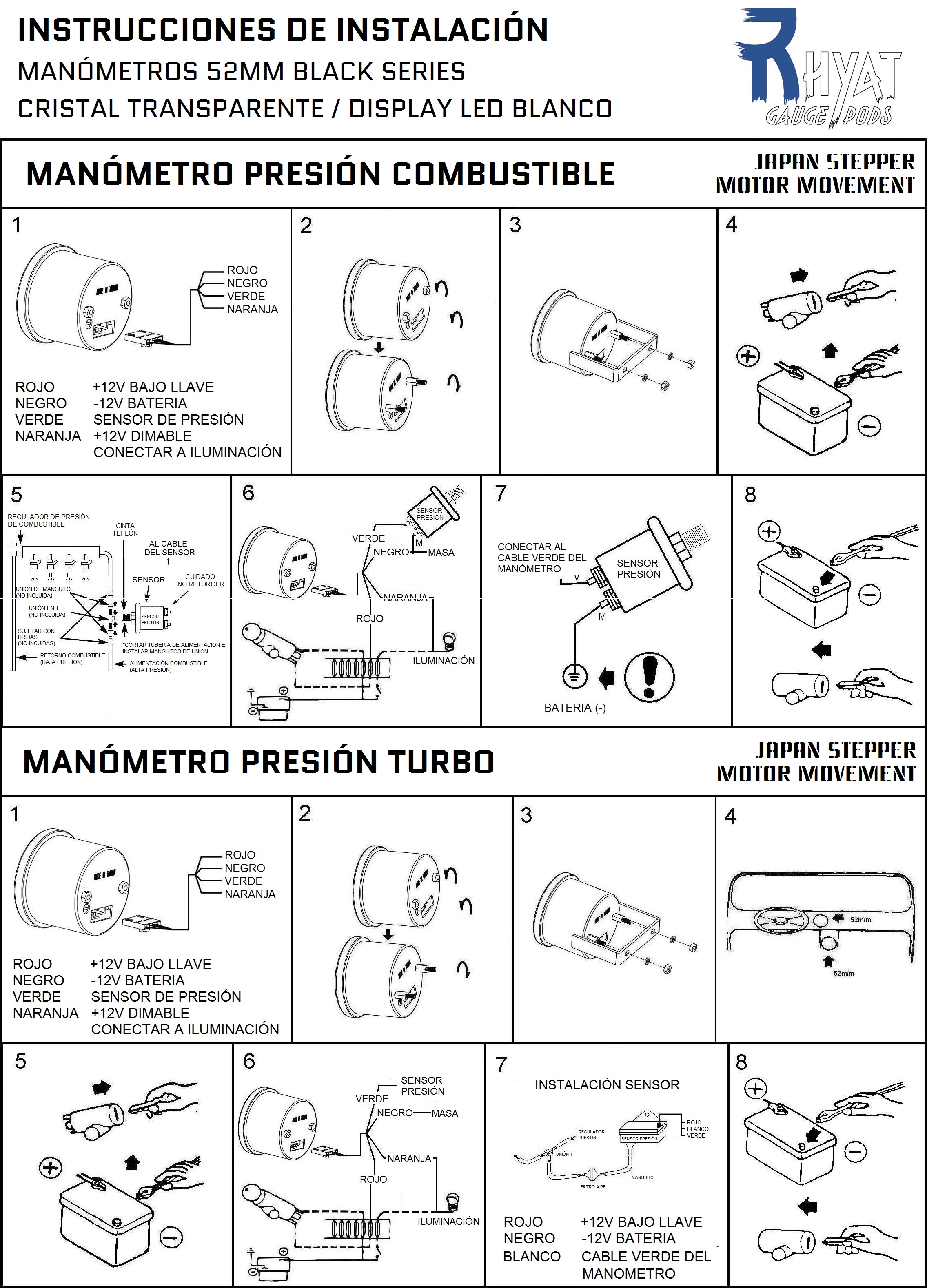 Manometro de presión de turbo Blanco  Race Sport  52mm. 12v. — Totcar